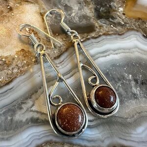 3113 Silver and Brown Sunstone Stone Drop Earrings